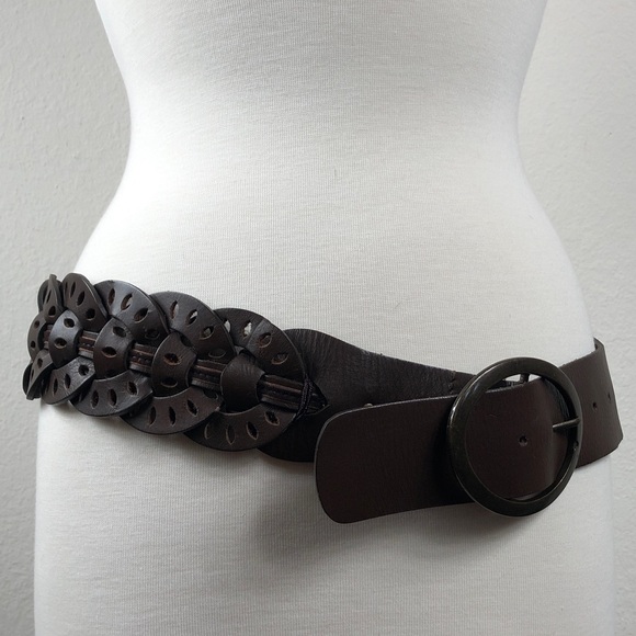Old Navy Wide Brown Woven Links Leather Belt - Picture 1 of 8